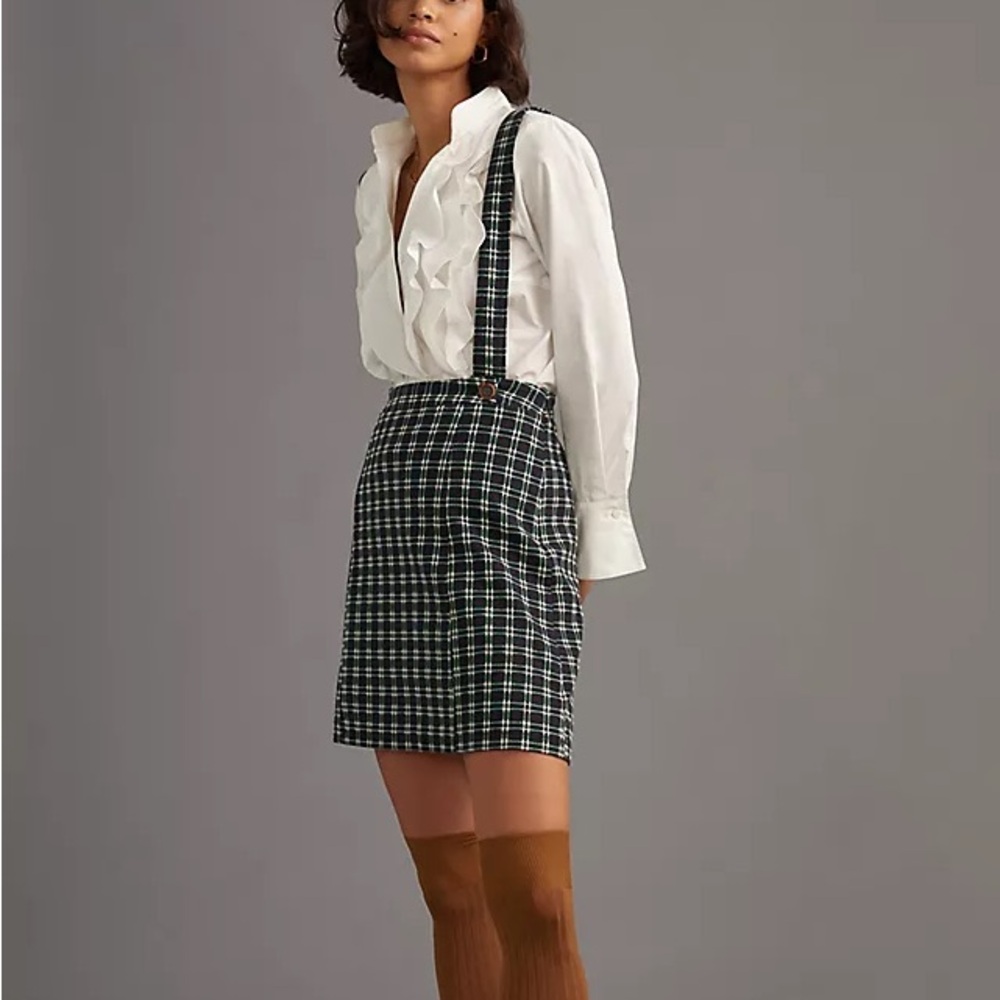 Plaid Suspender Skirt - Green and Navy